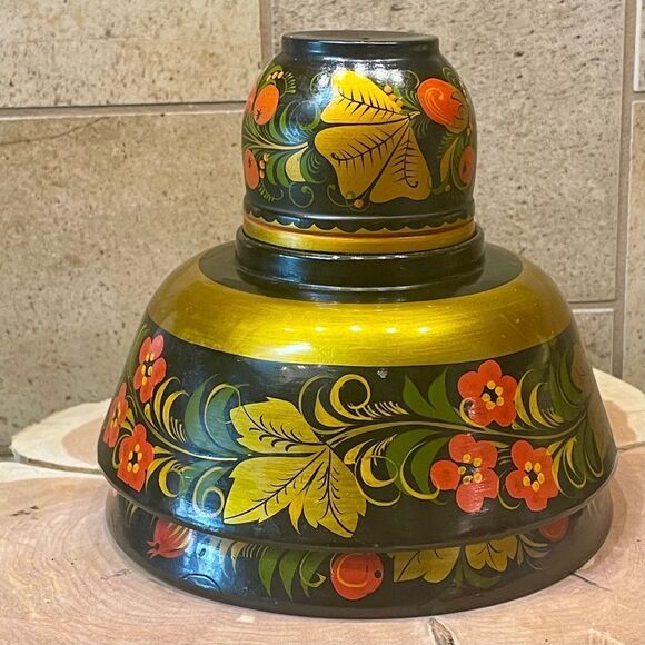 Russian Khokhloma Hand Painted Vintage Wooden Folk Art Bowl Set - Picture 4 of 16